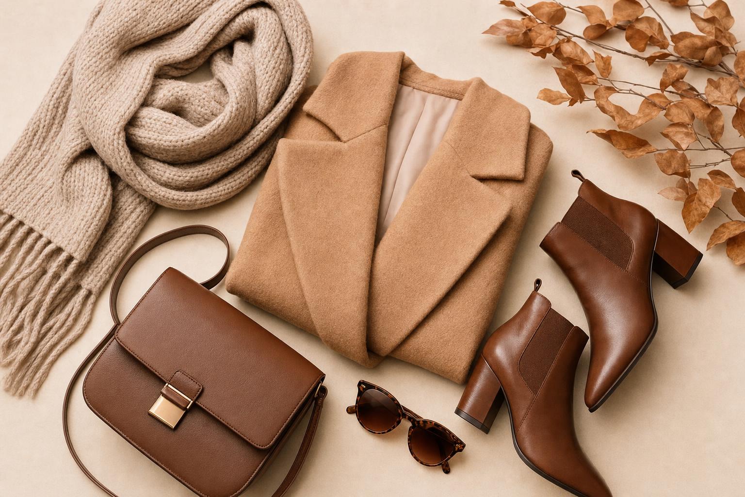 Tenue d'automne posée à plat : manteau camel, écharpe et bottes